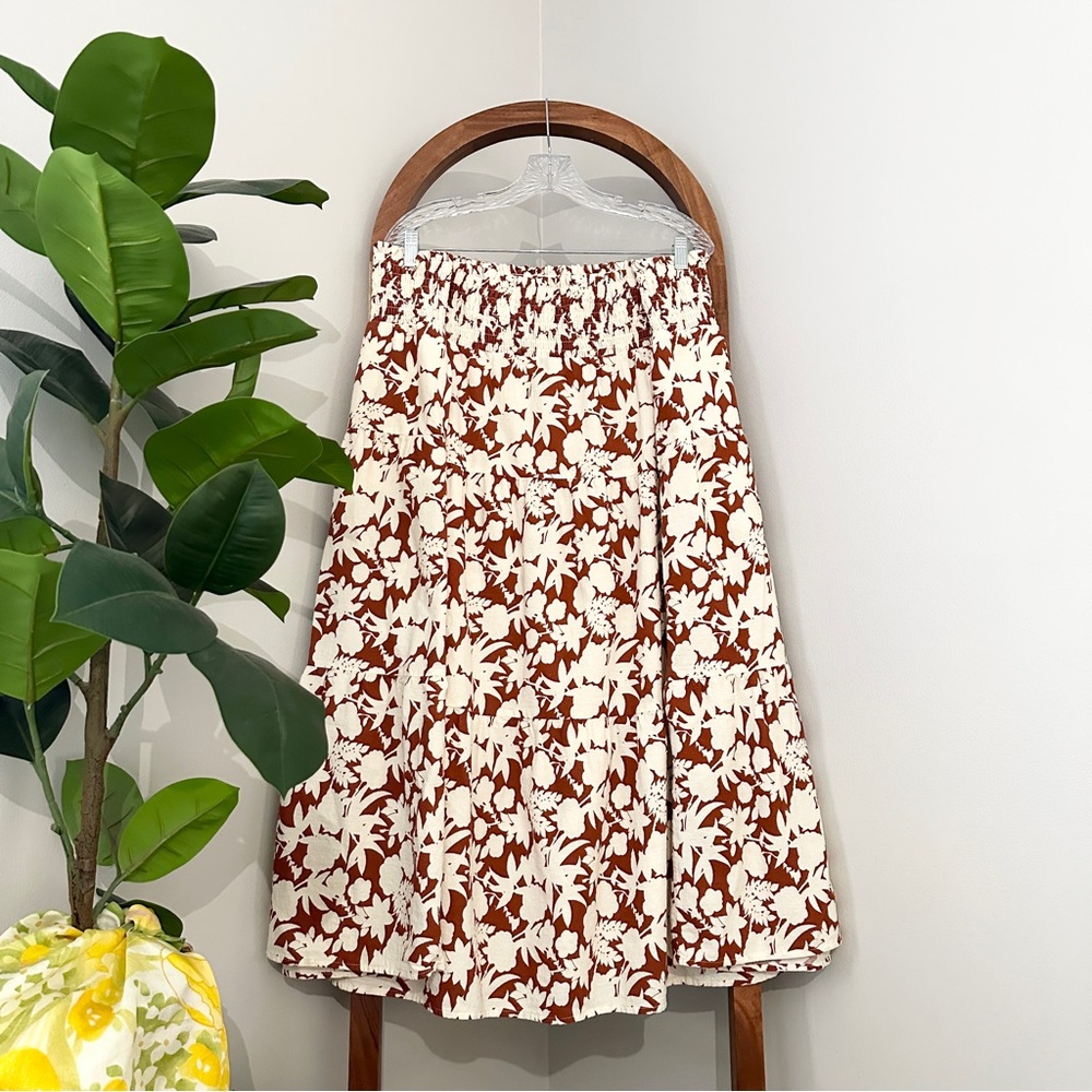 Universal Thread 4X Brown Cream 100% Cotton Floral Cotton Smock Waist Midi Skirt